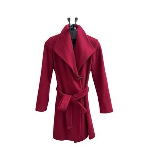 Calvin Klein WOOL Blend BURGUNDY BELTED WATERFALL COLLAR COAT SIZE 2